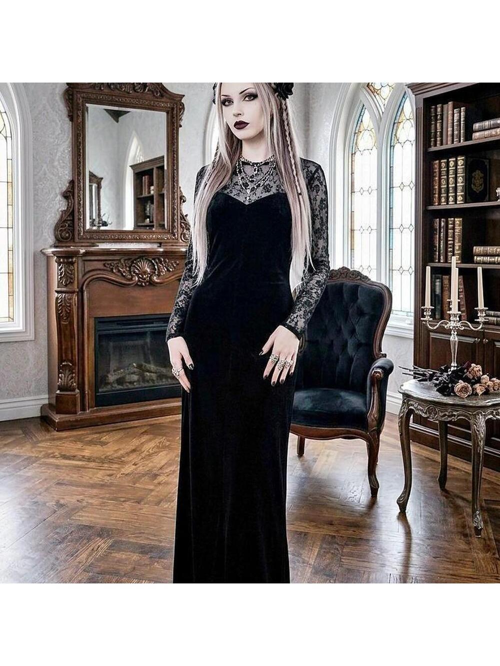 Black velvet maxi dress with mesh front and sleeves 152